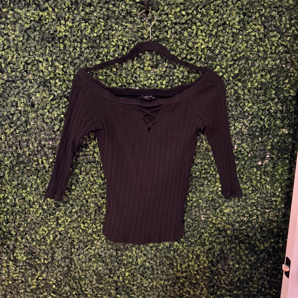 Bebe Ribbed Top 3/4 Sleeve Lace Up Front Black Fitted Shirt Size S